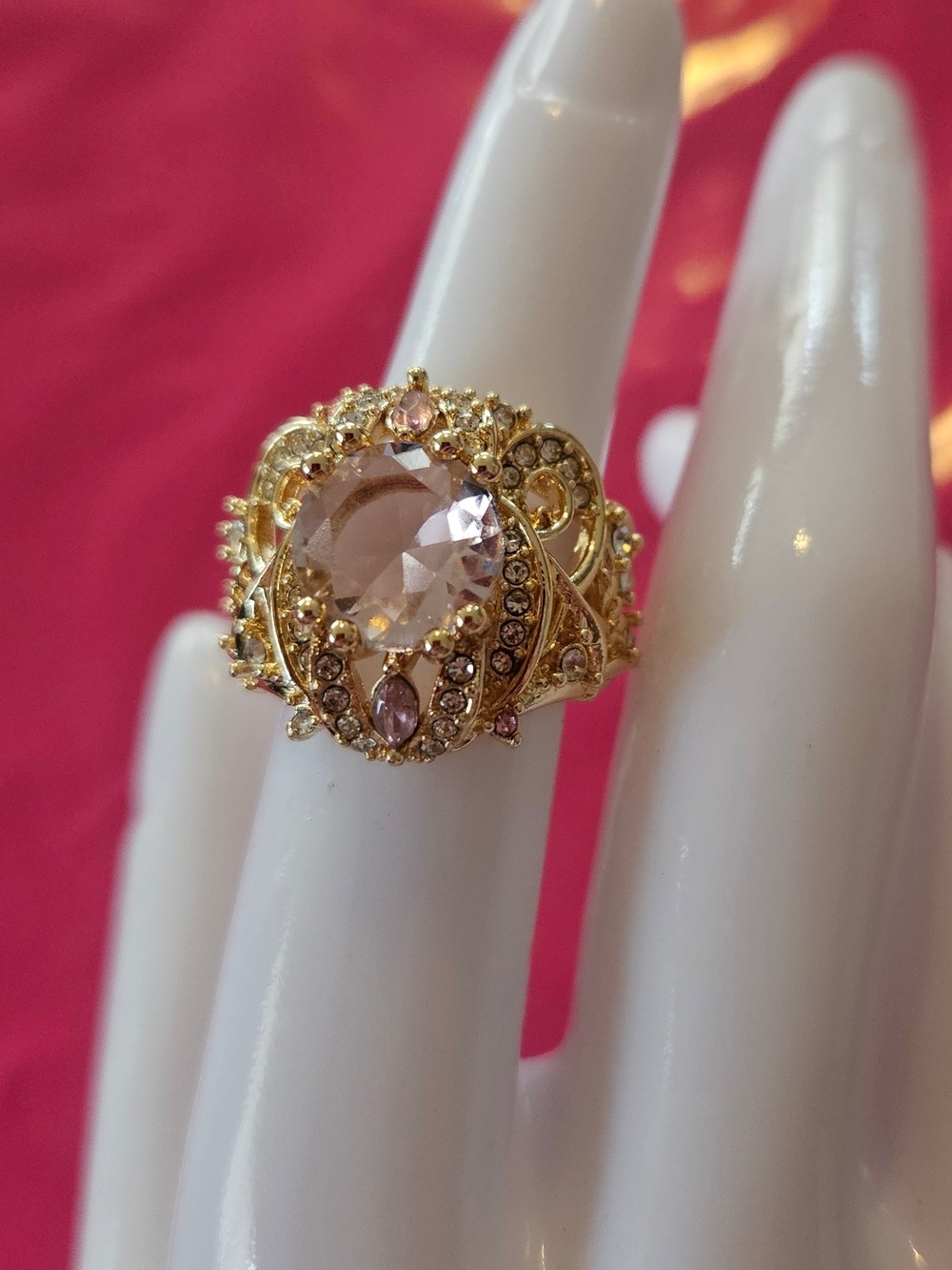 Golden Filigree Pink Crystal Statement Ring